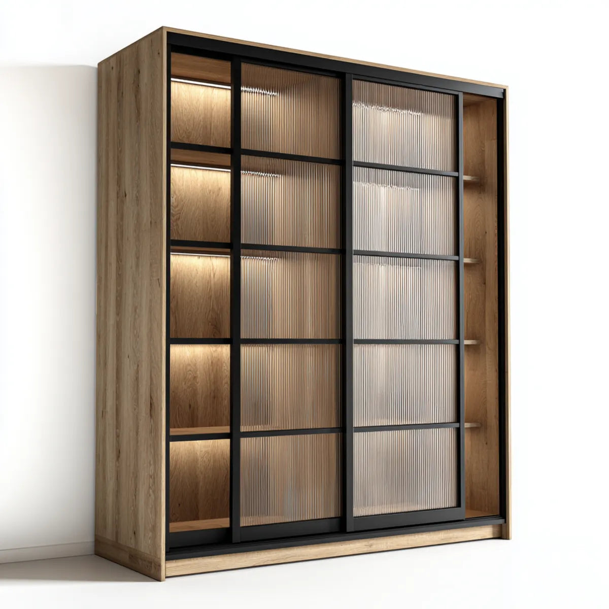 Armoire dressing à portes coulissantes chêne naturel noir en panneaux de particules mélaminés et verre trempé 200 x 60 x 220 cm rectangulaire