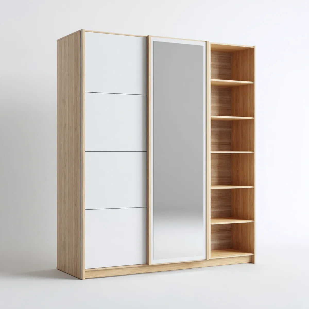 Armoire à portes coulissantes blanche et chêne clair avec miroir et étagères 180 x 60 x 200 cm en panneaux de particules mélaminés rectangulaire