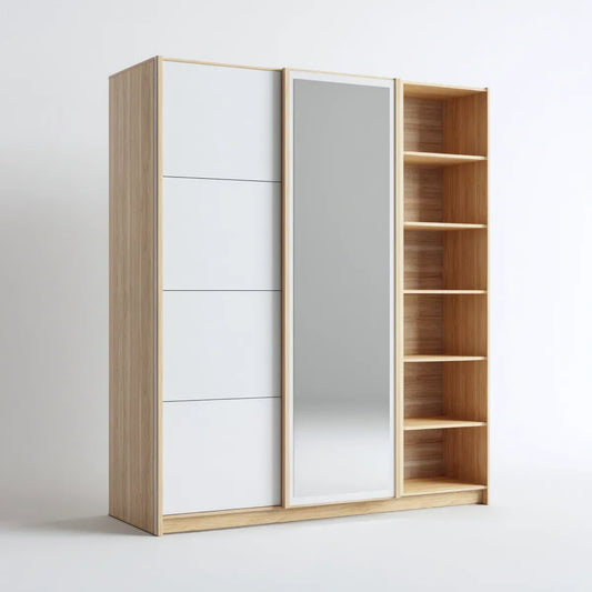 Armoire à portes coulissantes blanche et chêne clair avec miroir et étagères 180 x 60 x 200 cm en panneaux de particules mélaminés rectangulaire