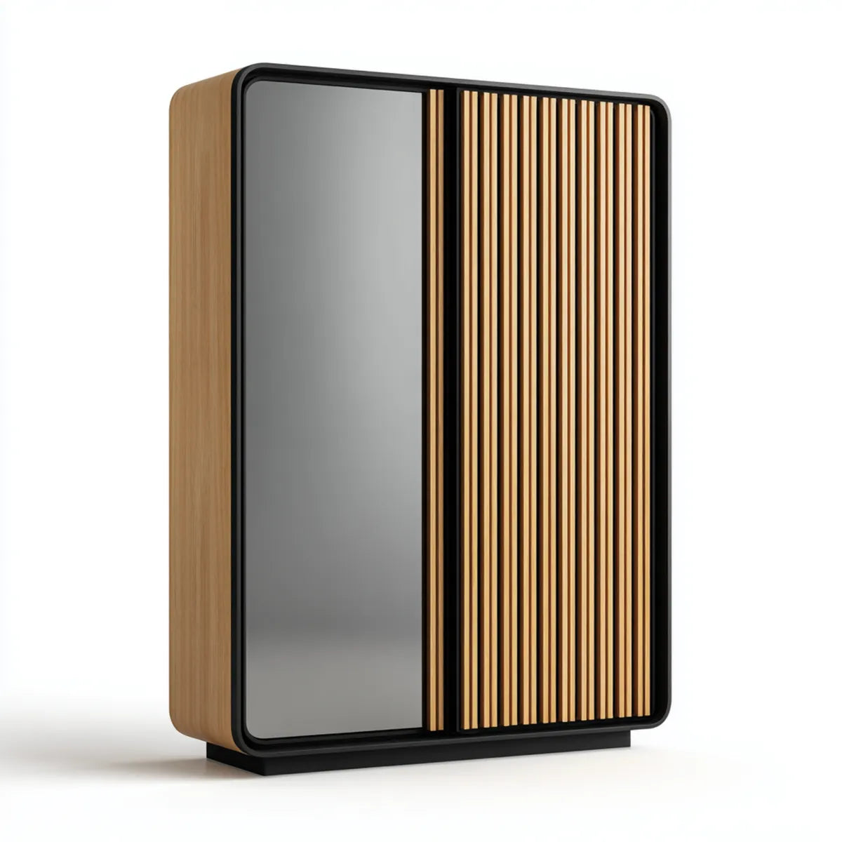 Armoire de chambre à portes coulissantes chêne et noir avec miroir 180 x 60 x 200 cm en panneaux de particules et verre