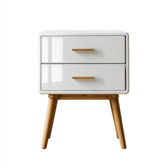Table de chevet 2 tiroirs blanche 45 x 35 x 60 cm en MDF laqué avec pieds en pin massif rectangulaire