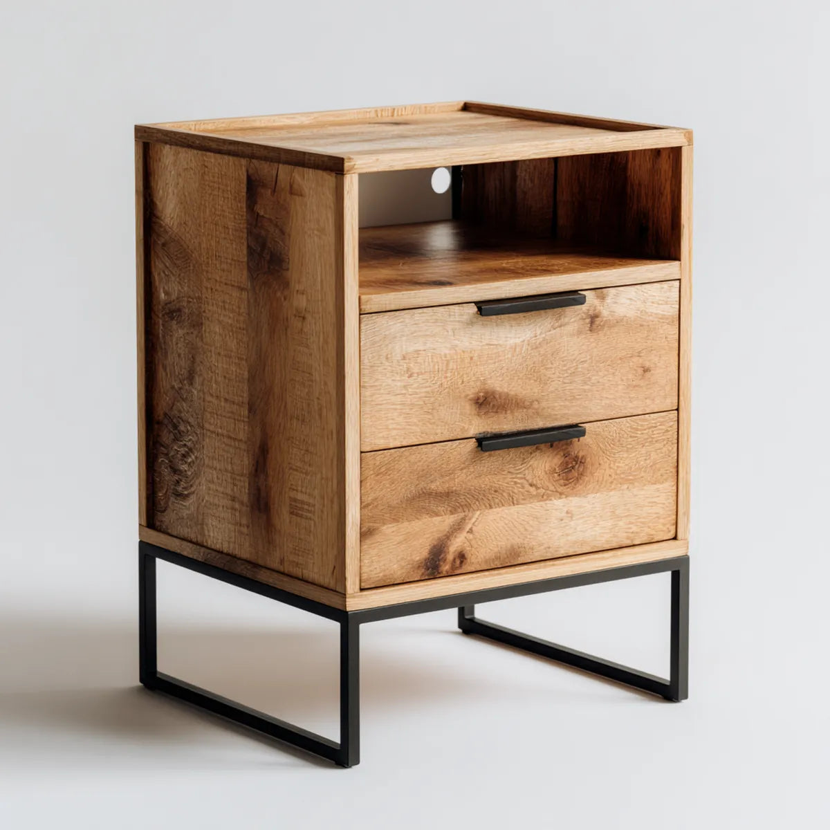 Table de chevet en chêne massif naturel avec 2 tiroirs et niche 45 x 40 x 60 cm