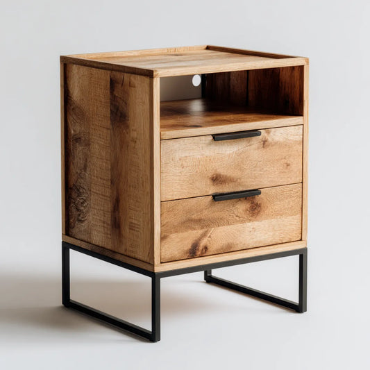 Table de chevet en chêne massif naturel avec 2 tiroirs et niche 45 x 40 x 60 cm