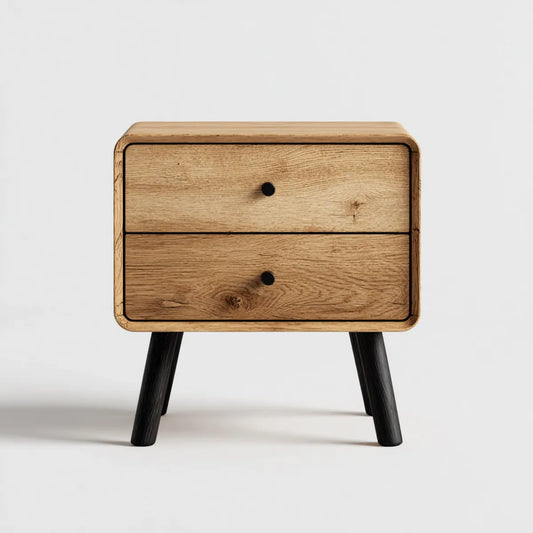 Table de chevet à 2 tiroirs chêne massif naturel pieds noirs 50 x 35 x 60 cm