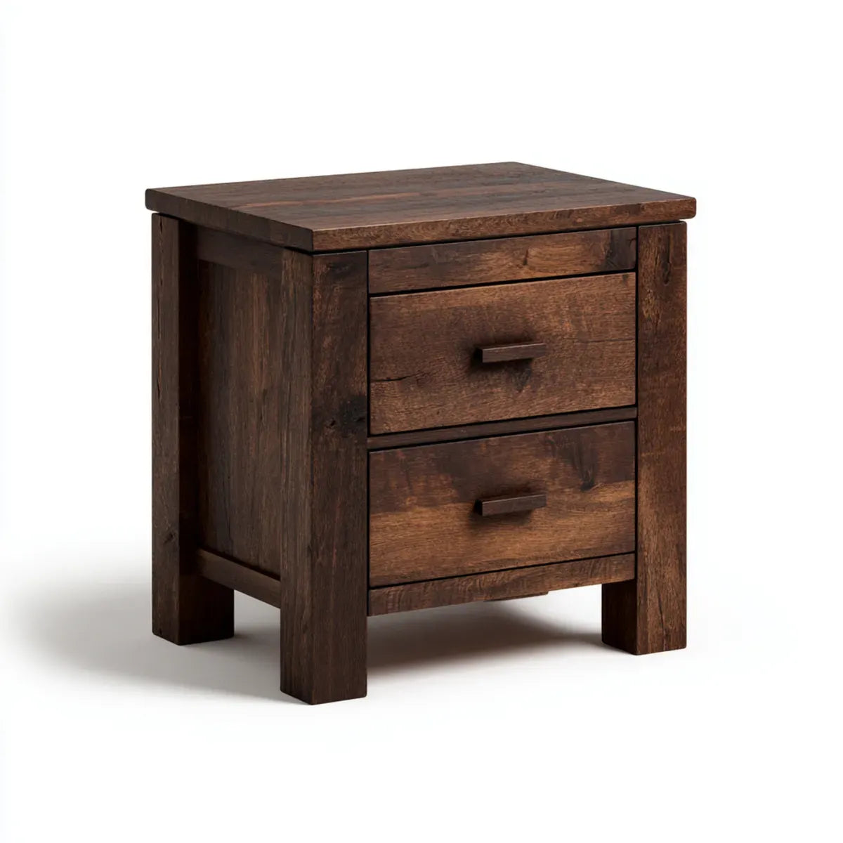 Table de chevet brun foncé à 2 tiroirs en bois massif de manguier rectangulaire 45 x 35 x 55 cm