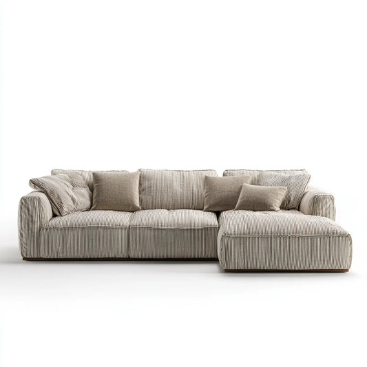 Canapé d’angle 4 places avec méridienne à droite beige rayé en velours côtelé 285 x 165 x 85 cm